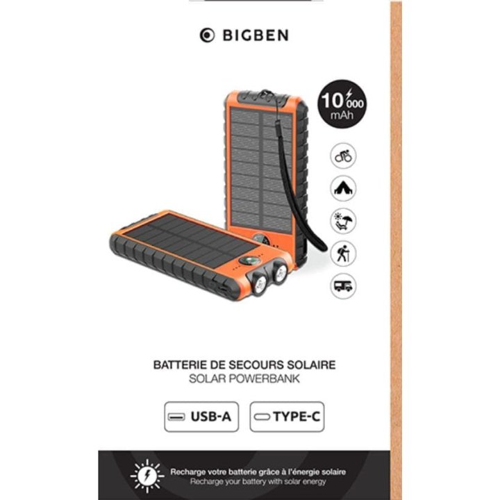 Batterie de secours Solaire 10000 mAh USB 2A+C Orange/Noir Bigben  - 4