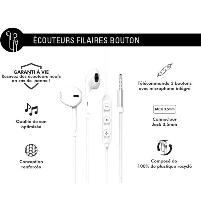 Ecouteurs Jack 3.5mm Bouton Conception renforcée Blanc - Force Play Force - 2 Ecouteurs Jack 3.5mm Bouton Conception renforcée Blanc - Force Play Force - 2