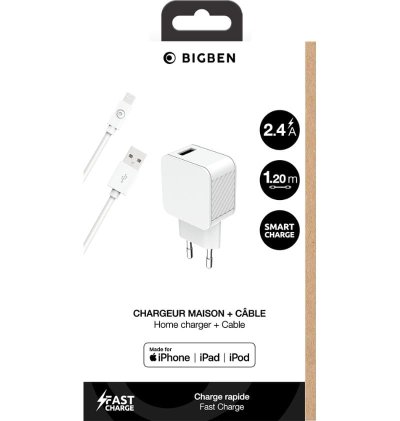 Chargeur maison 2.4A FastCharge + Câble USB A/Lightning Blanc - Bigben  - 1 Chargeur maison 2.4A FastCharge + Câble USB A/Lightning Blanc - Bigben  - 1