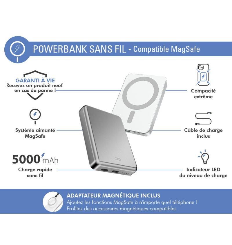Batterie de Secours Compatible MagSafe 15W - 5000mAh - Silver - Force Power Force - 2 Batterie de Secours Compatible MagSafe 15W - 5000mAh - Silver - Force Power Force - 2