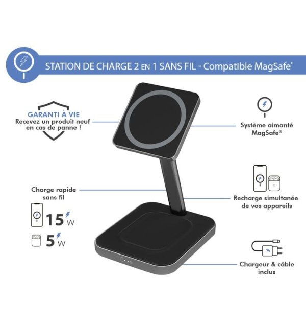 Chargeur induction 2 en 1 Stand Bureau Compatible MagSafe 15W - Noir - Force Power Force - 2 Chargeur induction 2 en 1 Stand Bureau Compatible MagSafe 15W - Noir - Force Power Force - 2
