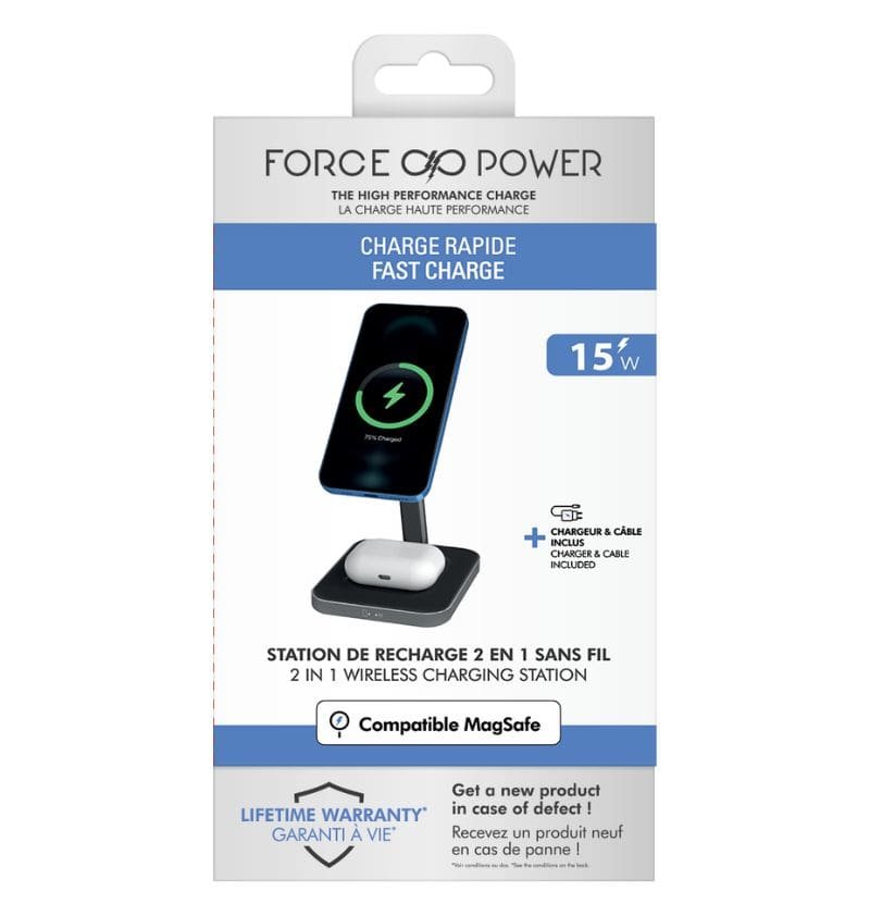 Chargeur induction 2 en 1 Stand Bureau Compatible MagSafe 15W - Noir - Force Power Force - 5