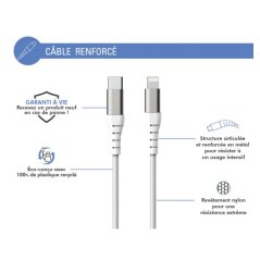 Câble Renforcé USB C/Lightning 1,2m 3A Blanc - 100% Plastique recyclé Force Power Lite Force - 2