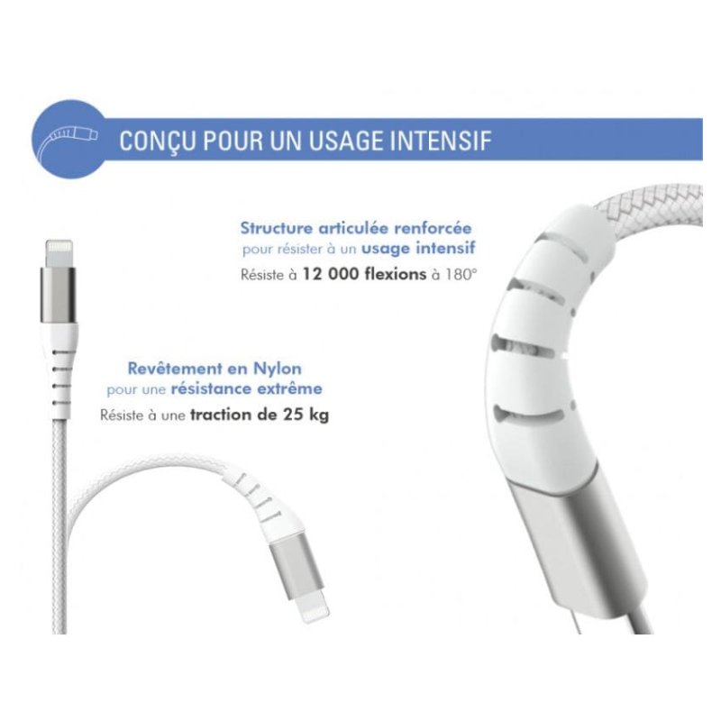 Câble Renforcé USB C/Lightning 1,2m 3A Blanc - 100% Plastique recyclé Force Power Lite Force - 3