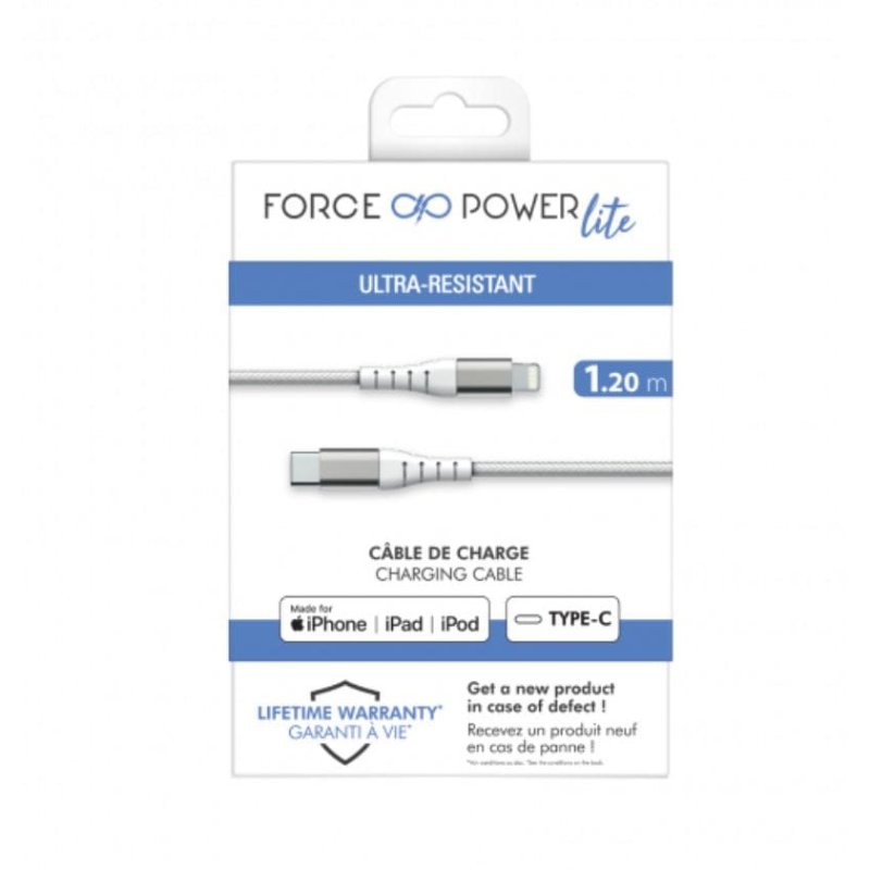 Câble Renforcé USB C/Lightning 1,2m 3A Blanc - 100% Plastique recyclé Force Power Lite Force - 6