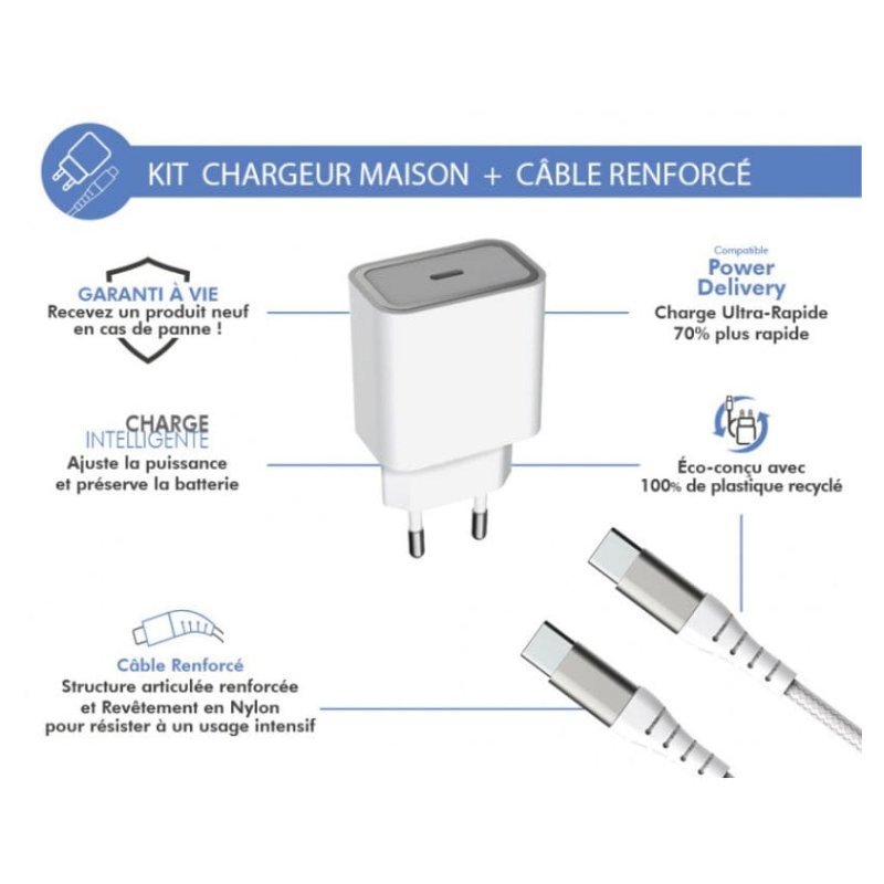 Chargeur maison 25W Power Delivery + Câble USB C/USB C Blanc Force Power Force - 1