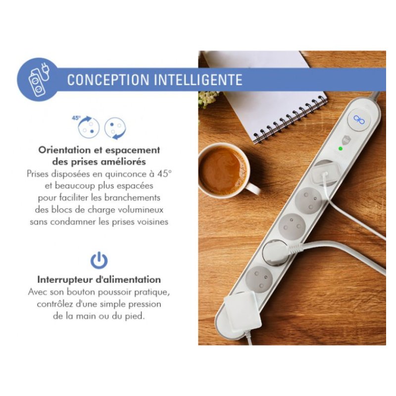 Parafoudre 6 prises 800j 1,5m Grise et Blanche - Force Power Lite Force - 2 Parafoudre 6 prises 800j 1,5m Grise et Blanche - Force Power Lite Force - 2