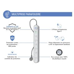 Parafoudre 6 prises 800j 1,5m Grise et Blanche - Force Power Lite Force - 3 Parafoudre 6 prises 800j 1,5m Grise et Blanche - Force Power Lite Force - 3