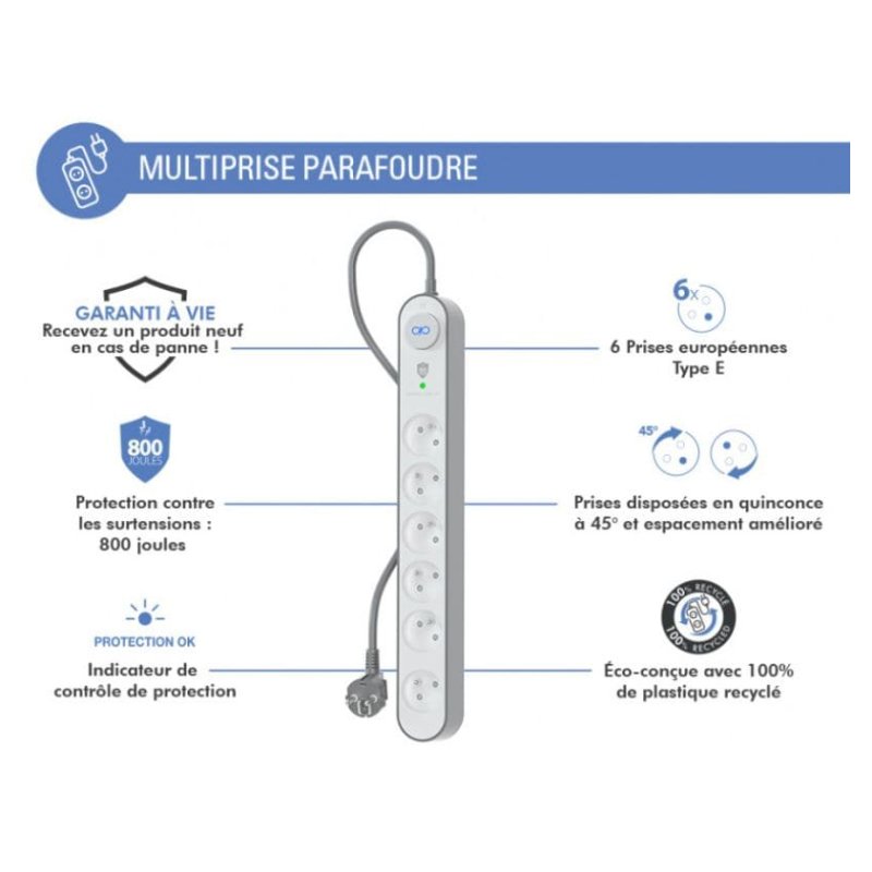 Parafoudre 6 prises 800j 1,5m Grise et Blanche - Force Power Lite Force - 3