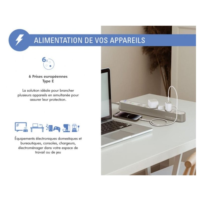 Parafoudre 6 prises 800j 1,5m Grise et Blanche - Force Power Lite Force - 6