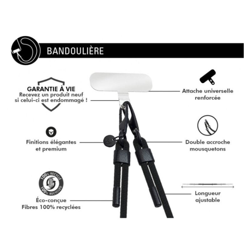 Bandoulière Universelle Amovible Longueur Ajustable Noire - Force Case  - 3 Bandoulière Universelle Amovible Longueur Ajustable Noire - Force Case  - 3