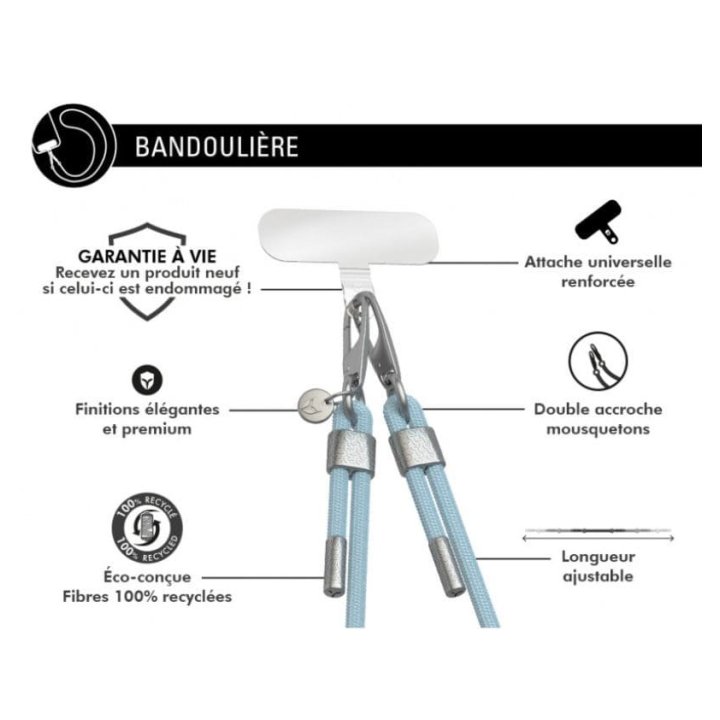 Bandoulière téléphone Universelle Cordon Bleu Ciel détails Silver -  Force Case Force - 1