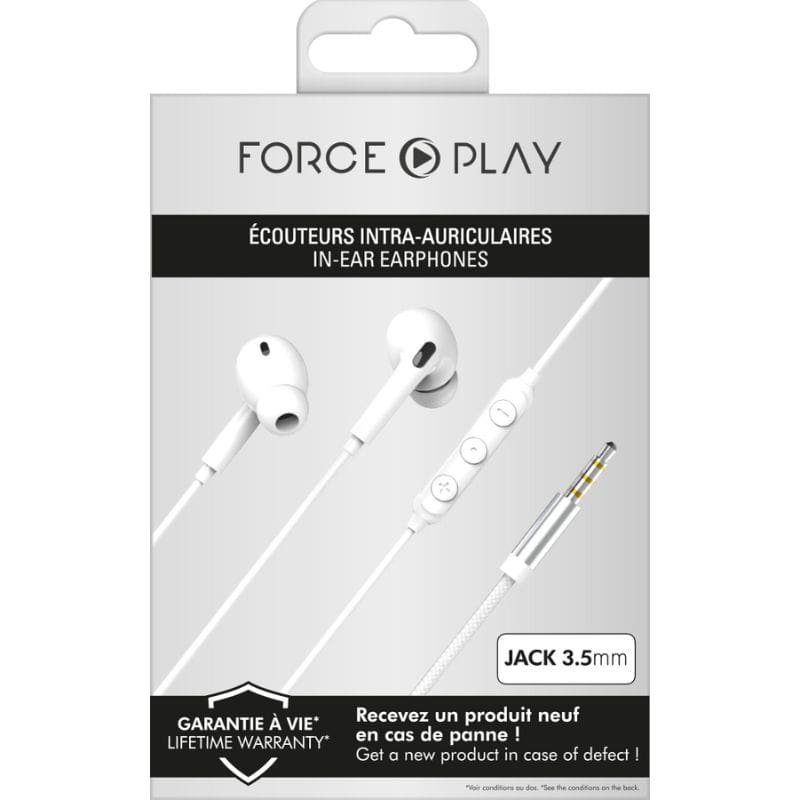 Force Play - Ecouteurs Renforcés Jack 3.5mm Télécommande/Micro Intra-auriculaire Blanc + Garantie à vie