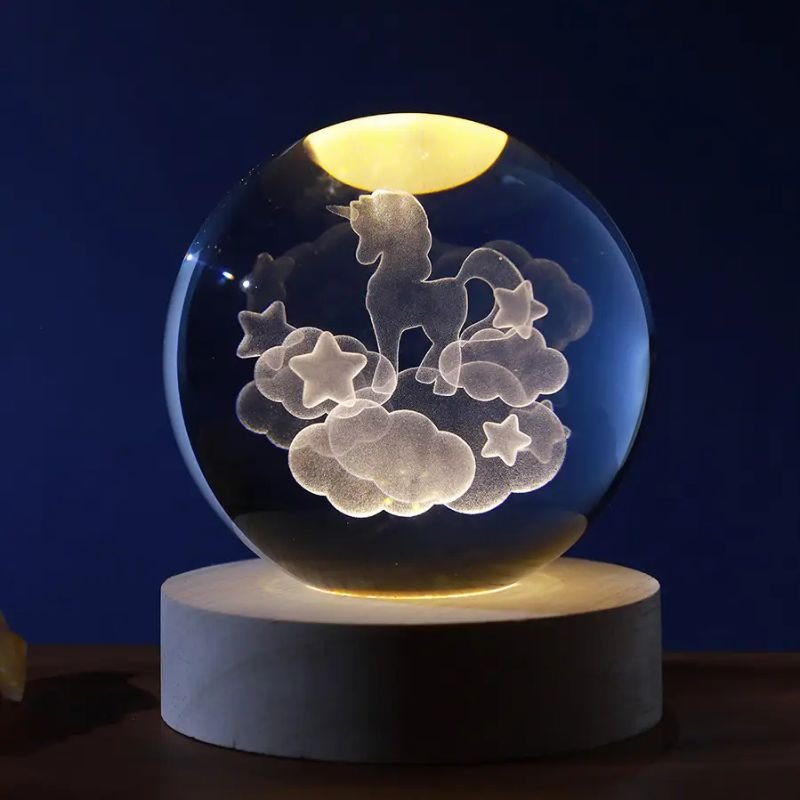 Boule en verre lumineuse - motif gravé 3D - diamètre 10cm