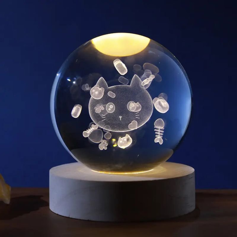 Boule en verre lumineuse - motif gravé 3D - diamètre 10cm