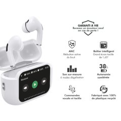 Force Play - Ecouteurs Play Touch XL True Wireless ANC Ecran tactile 1.65" Intra-auriculaire Blanc + Garantie à vie