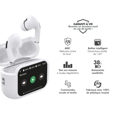 Force Play - Ecouteurs Play Touch XL True Wireless ANC Ecran tactile 1.65" Intra-auriculaire Blanc + Garantie à vie