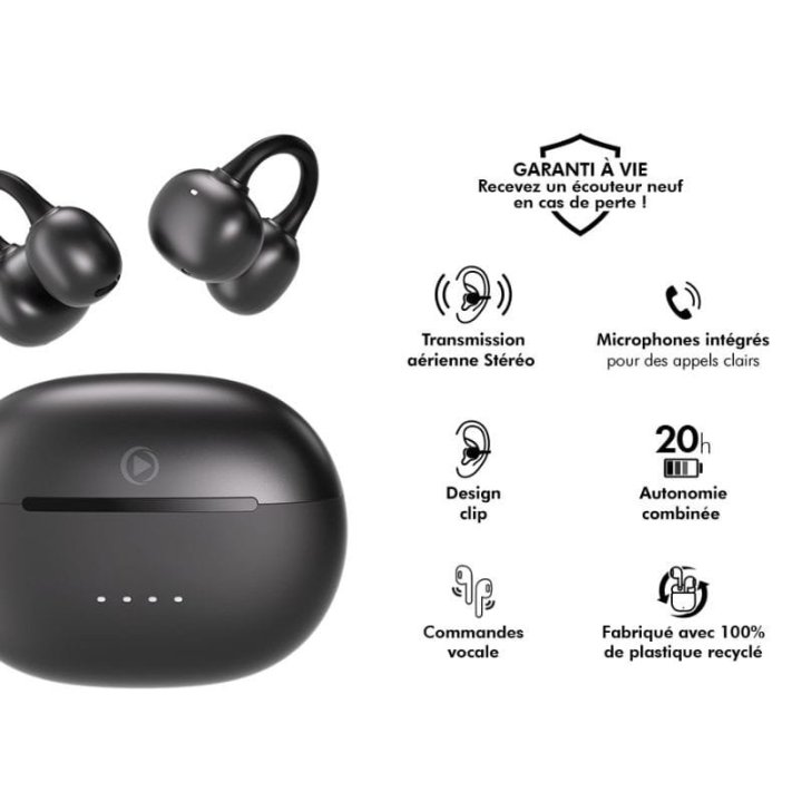 Ecouteurs Force Play - Play AirClip True Wireless ENC Open-Ear Titane + Garantie à vie