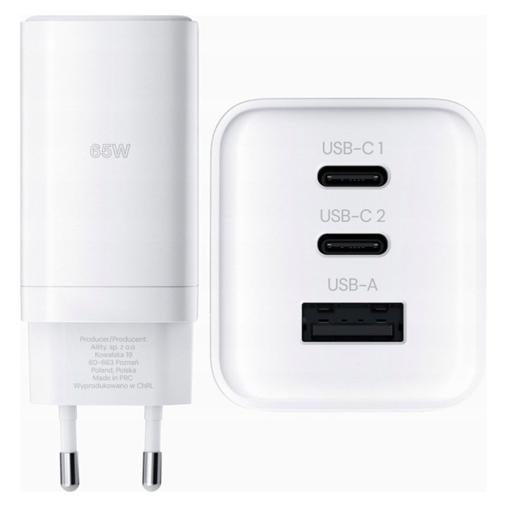 Allity ATC-01-65WACC - Chargeur secteur GaN 65W - 2x USB-C + USB-A - Blanc