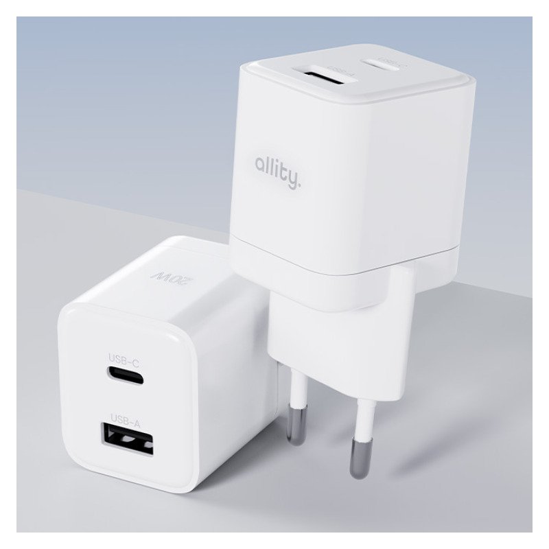 Allity ATC-01-20WAC - Chargeur secteur GaN 20W USB-C + USB-A - Blanc