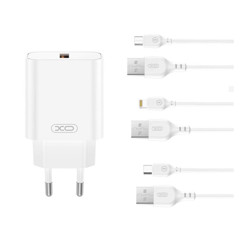 XO - Chargeur secteur rapide USB-A QC 18 W + câble Lightning - CE33 - Blanc
