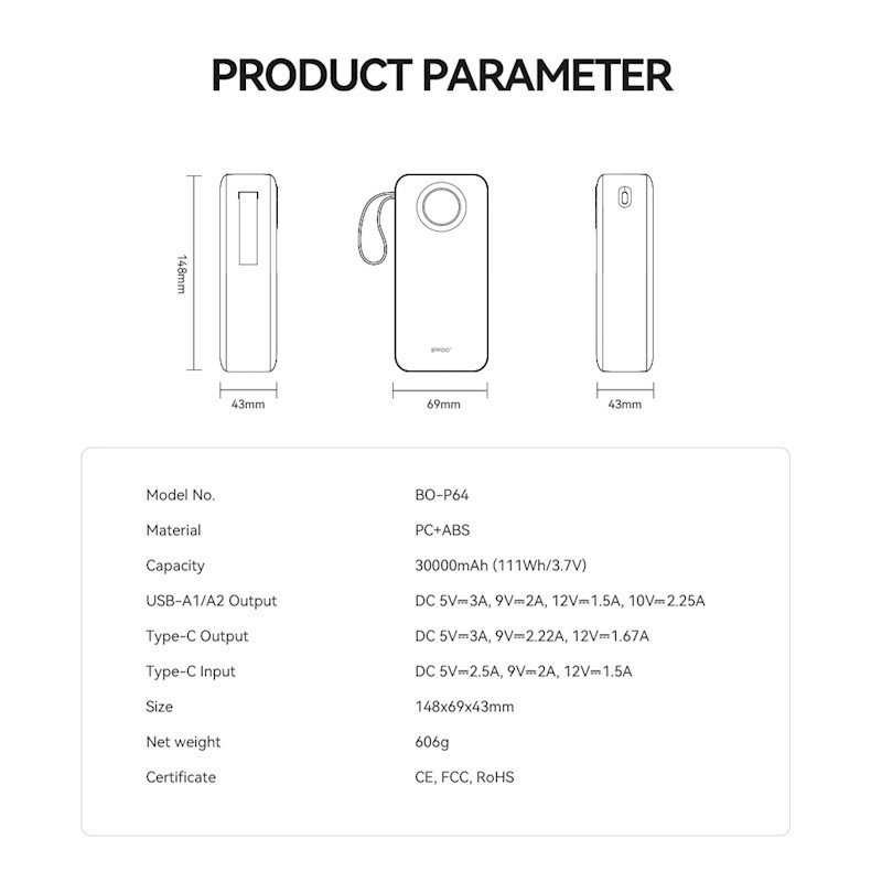 Batterie externe - 30 000 mAh Quick Charge 22,5W - Noir