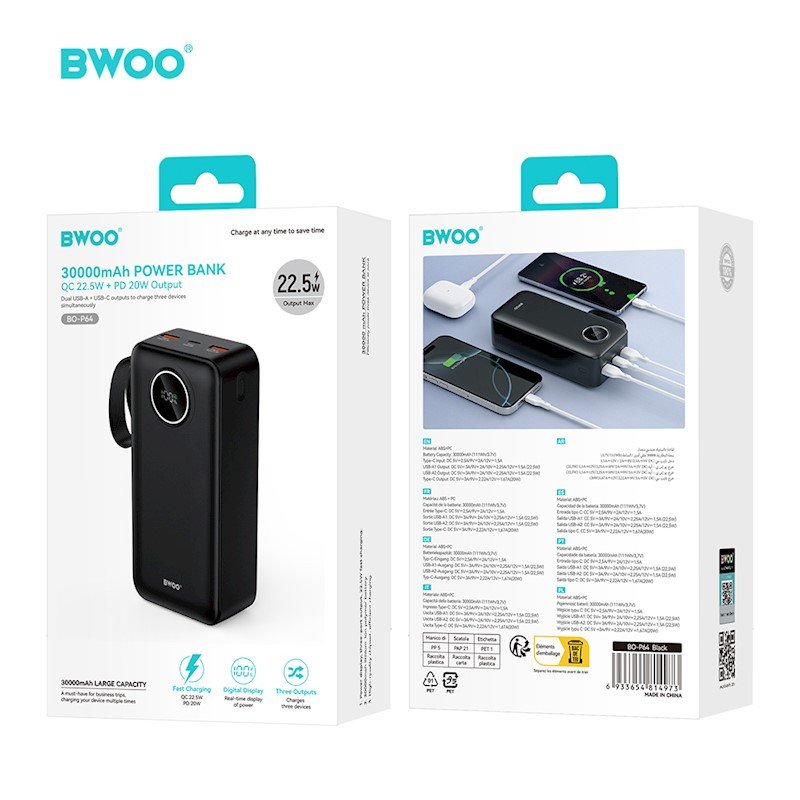 Batterie externe - 30 000 mAh Quick Charge 22,5W - Noir