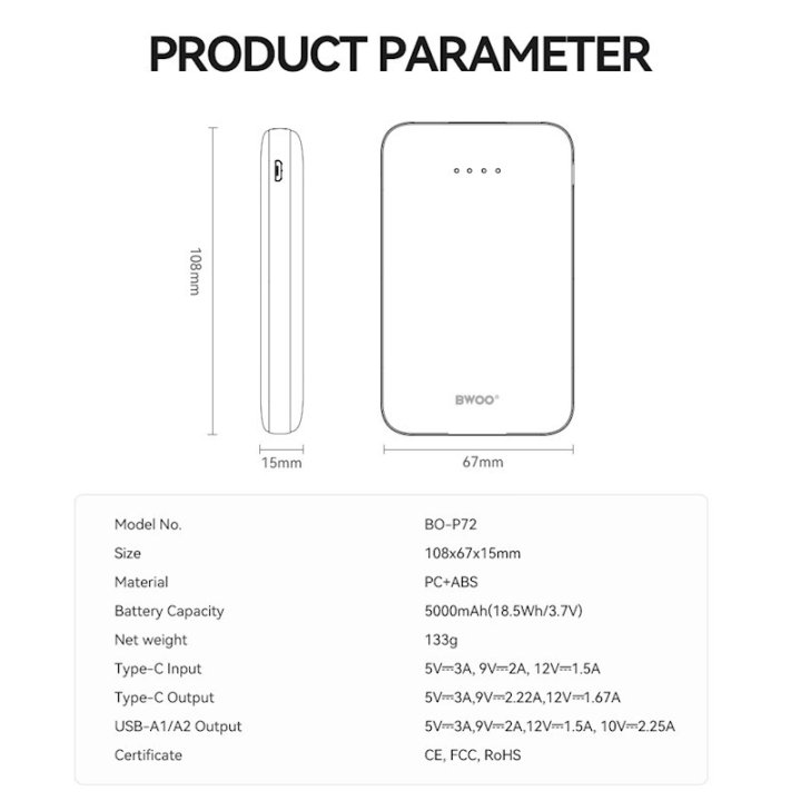 Batterie externe - P72 - Noir 5000 mAh