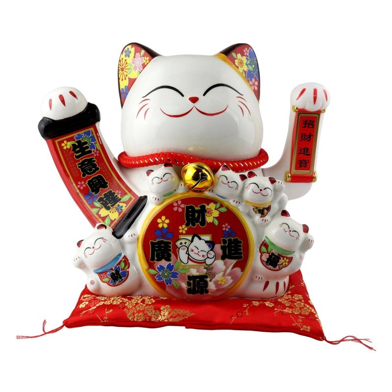 Figurine Solaire - Chat porte-bonheur Maneki-neko en porcelaine - 26 cm