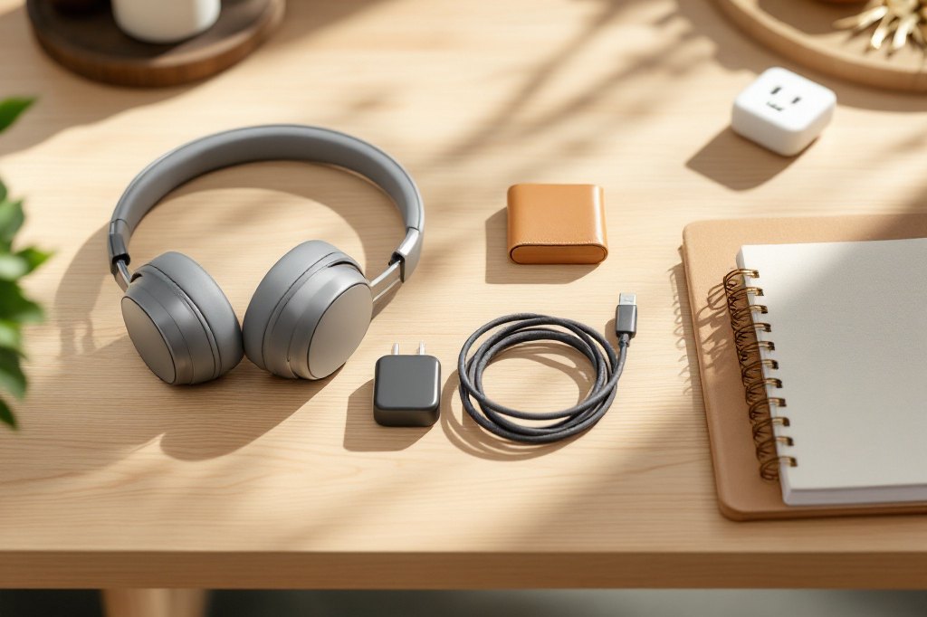 Casque audio, chargeurs, câble tressé, organiseur en cuir et prise connectée posés sur un plan de travail en bois clair