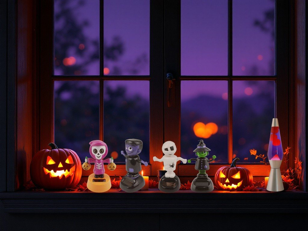 Les figurines solaires sorcière, momie, zombie et squelette et la lampe à lave Spaceship violette sur un rebord de fenêtre décoré pour Halloween